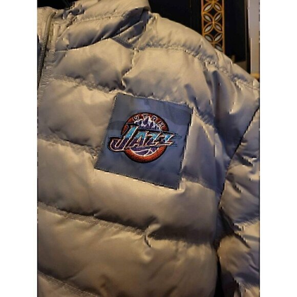 Mitchell & Ness Utah Jazz NBA Gray Puffer Jacket Hooded Hardwood Classics Large - Picture 3 of 4
